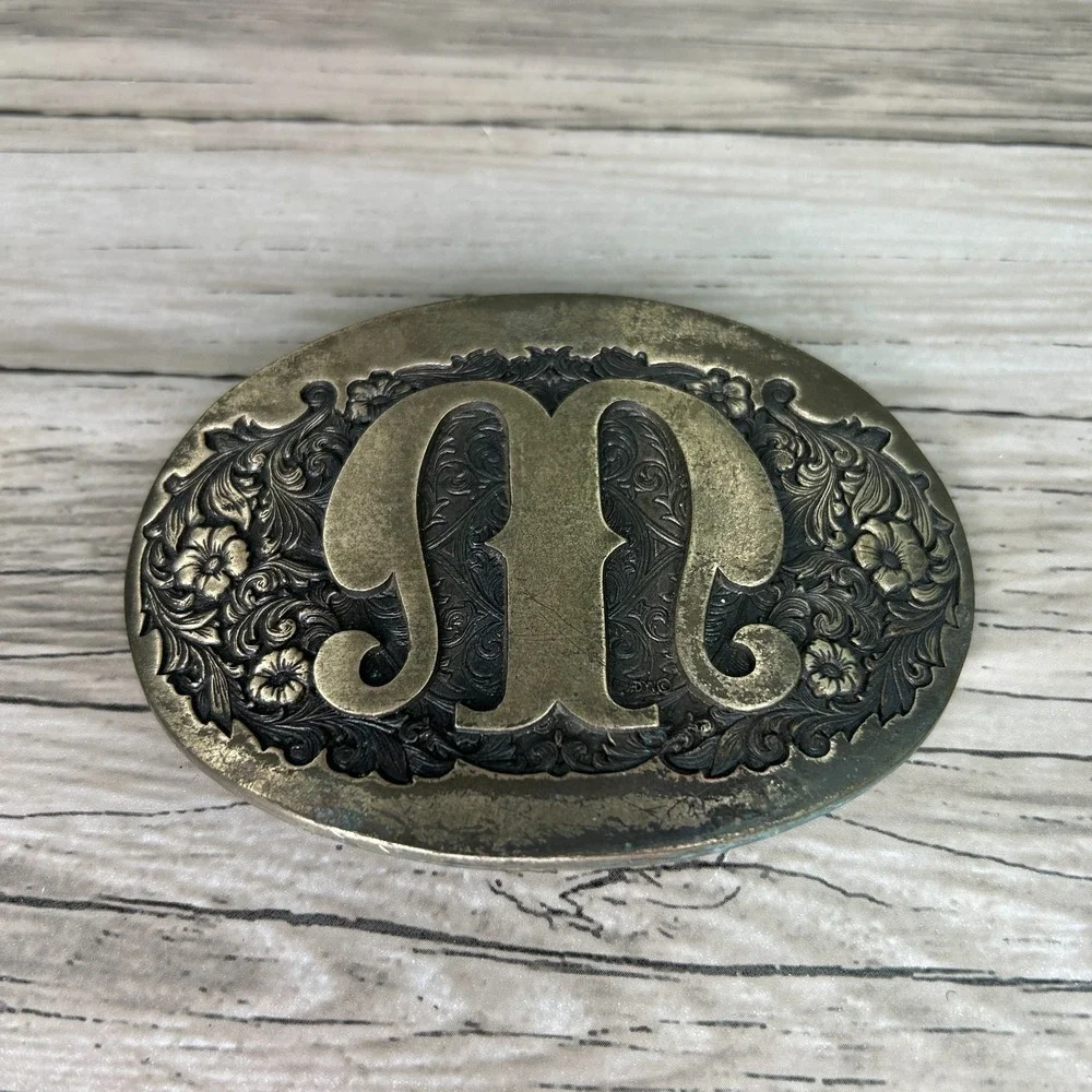 M Belt Buckle‎ Brass Western Initial M Monogram Vintage 70s Award Design Medals